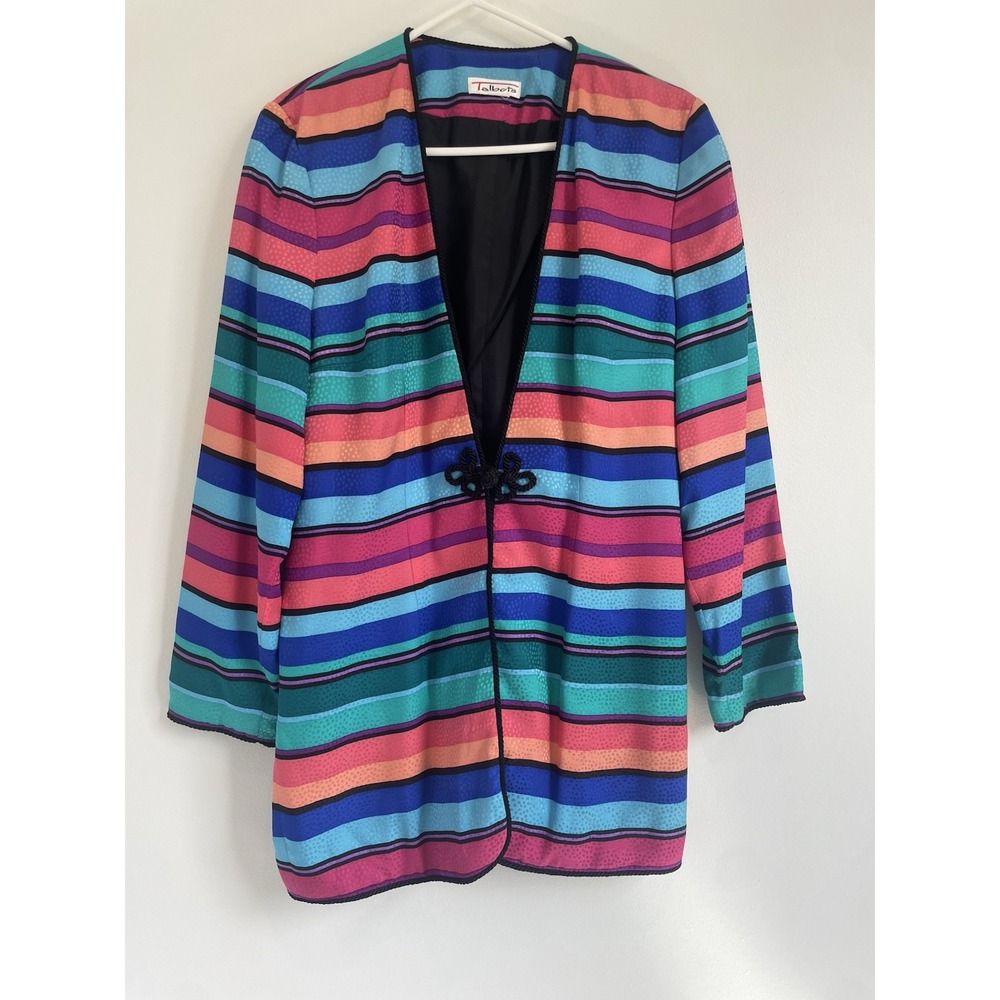 Vintage‎ Talbots Striped Silk Blazer Duster Cardigan Knot Close Size 8 Colorful